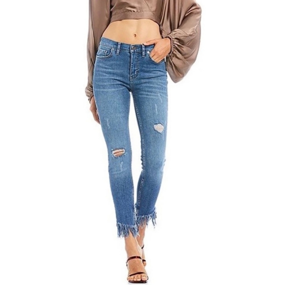 Free People We the Free High Rise Ripped Cropped Skinny Jean Fringe Hem 28 - Picture 9 of 14